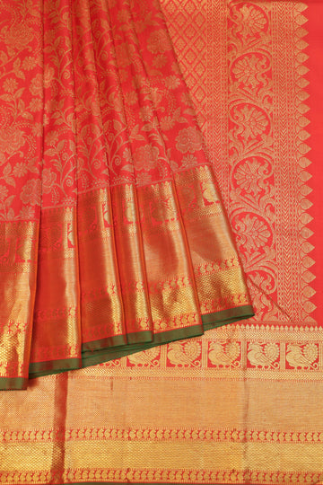Red Kanchipuram Silk Saree with Gold Zari Floral Jaal