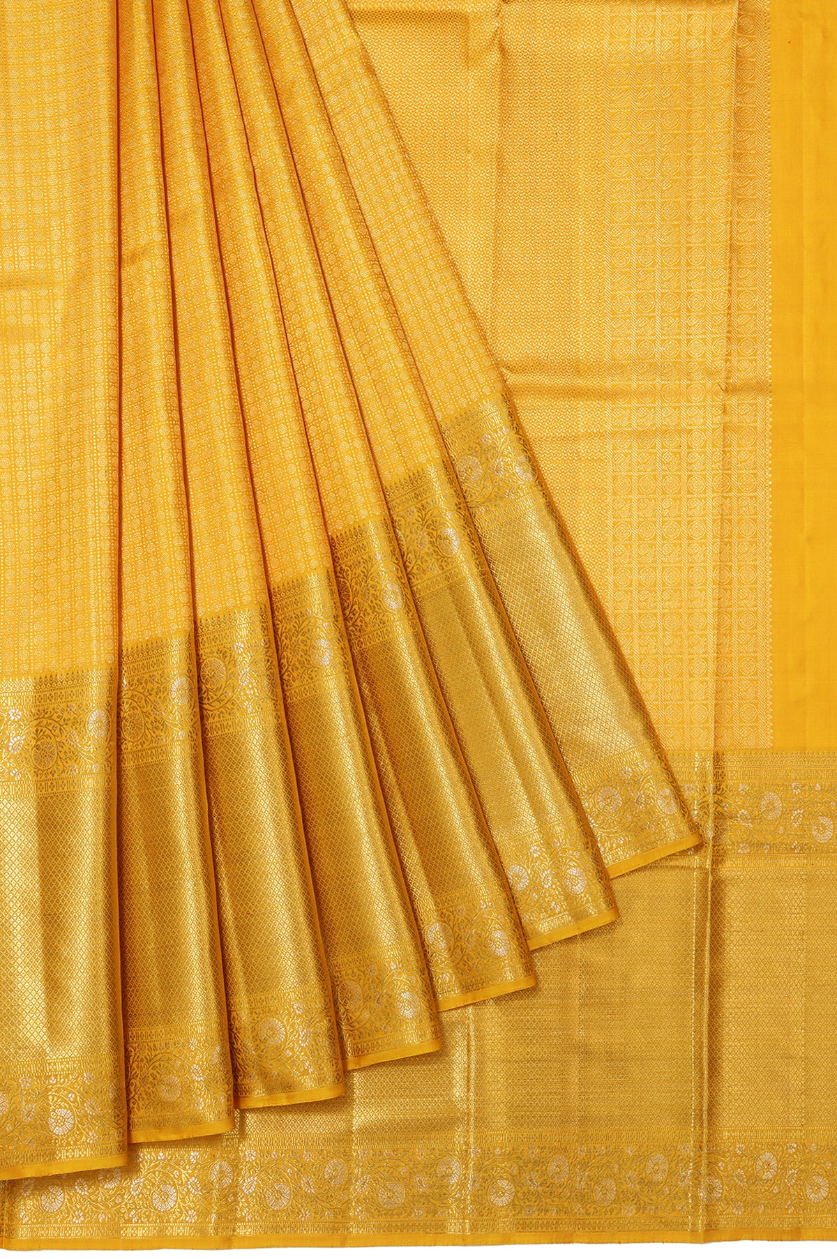 Mustard Kanchipuram Tissue Silk Saree with Large Gold Zari Border