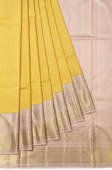 Yellow Kanchipuram Silk Saree with Onion Pink Zari Pallu