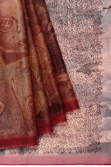 Multicoloured Organza Silk Saree with Sequins and Maroon Border