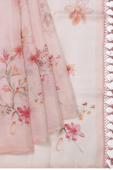 Peach Organza Silk Saree with Printed Floral Design and Zari Work