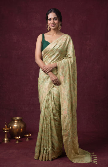 Pista Green Banaras Katan Silk Saree with Floral Jaal Design