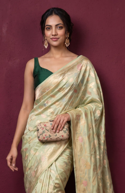 Pista Green Banaras Katan Silk Saree with Floral Jaal Design
