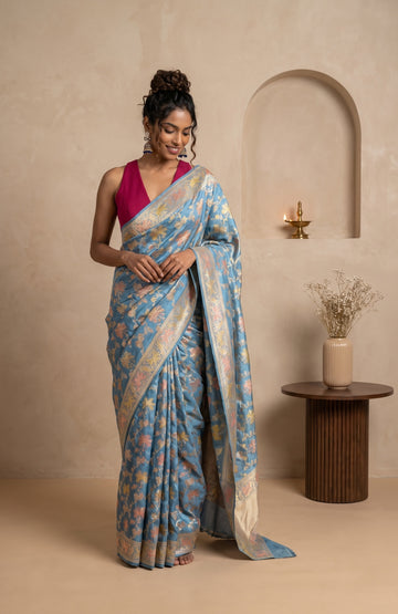 Sky Blue Banaras Katan Silk Saree with Meenakari Work