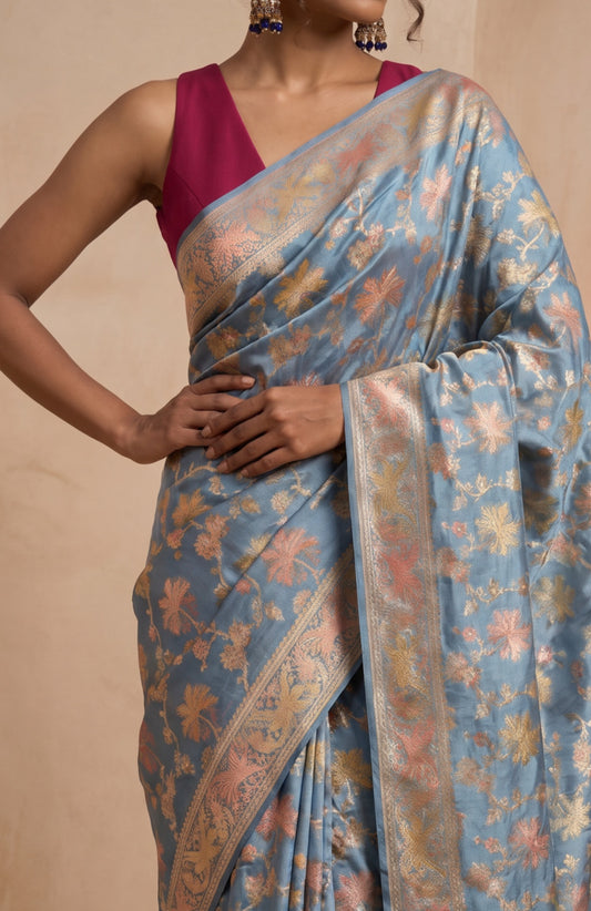 Sky Blue Banaras Katan Silk Saree with Meenakari Work