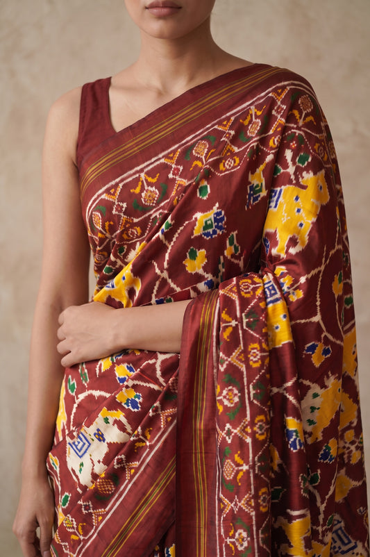 Brown Patan Patola Silk Saree with Jaal Design