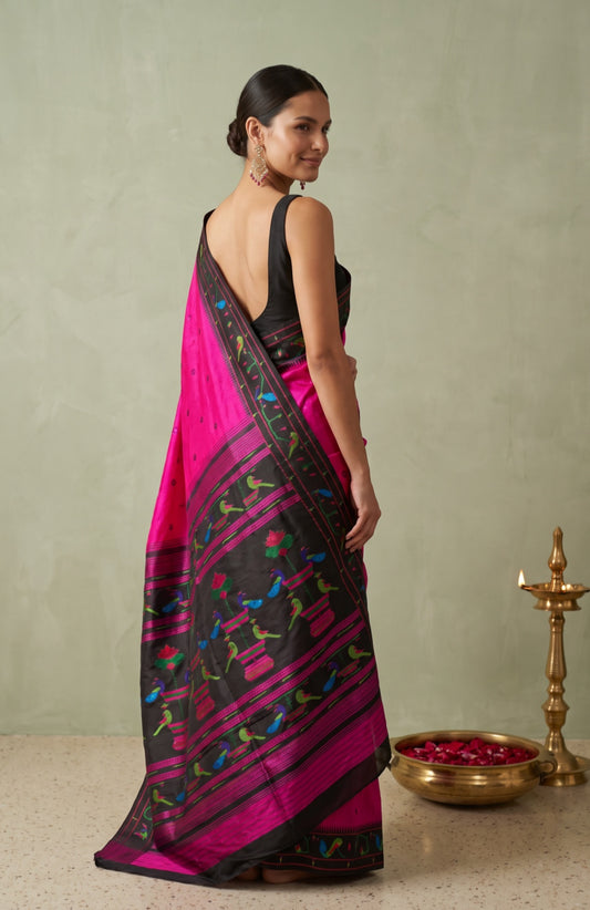 Magenta Paithani Silk Saree with Thread Work Peacock & Parrot Motifs