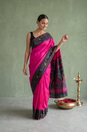 Magenta Paithani Silk Saree with Thread Work Peacock & Parrot Motifs