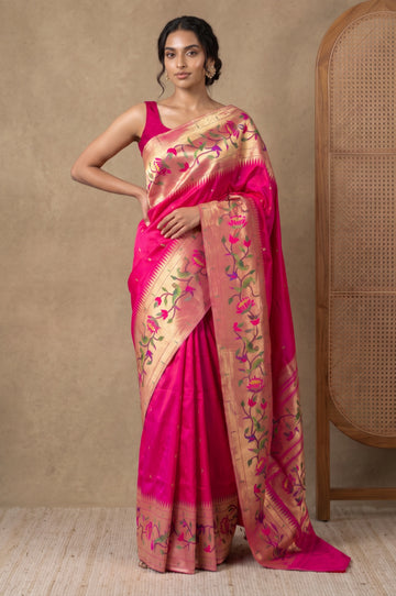 Pink Paithani Silk Saree with Gold Zari Buttas