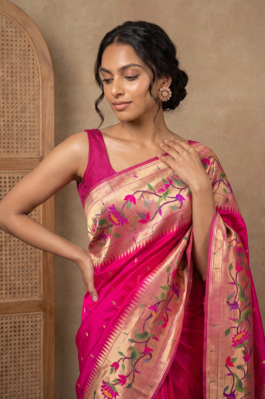 Pink Paithani Silk Saree with Gold Zari Buttas