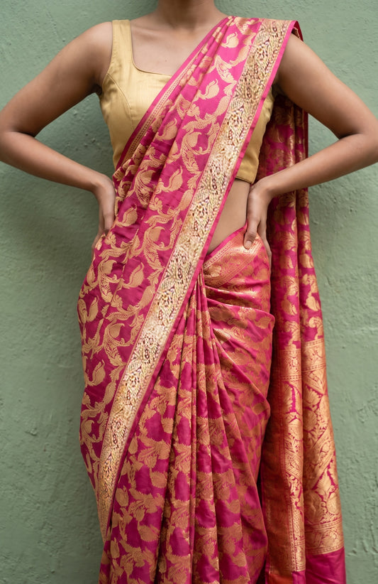 Onion Pink Banaras Katan Silk Saree with Leaf Motifs