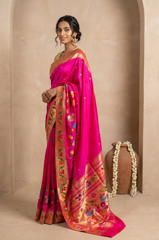 Pink Paithani Silk Saree with Temple Border & Floral Design