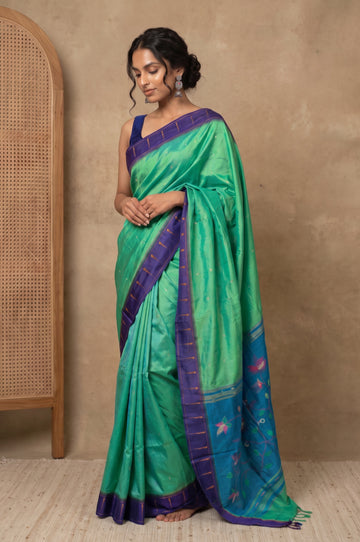 Green Paithani Silk Saree with Silver Zari Buttas