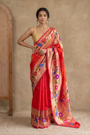 Orange Paithani Silk Saree with Gold Zari Buttas