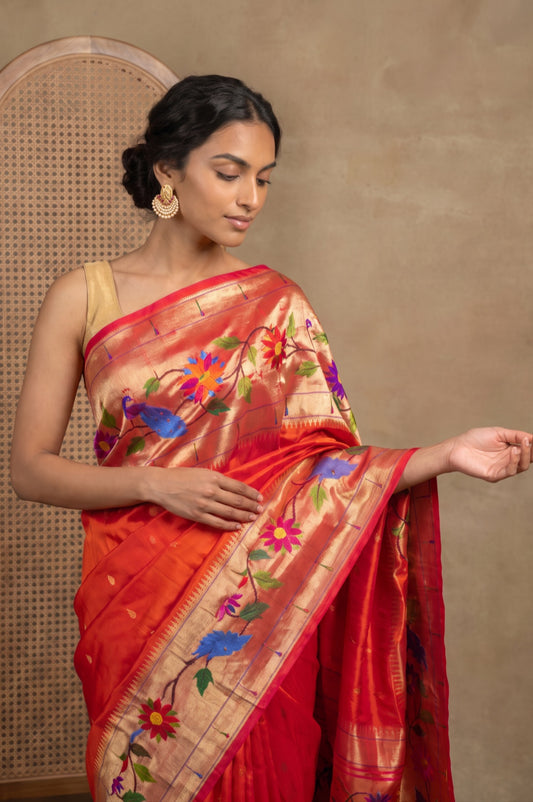 Orange Paithani Silk Saree