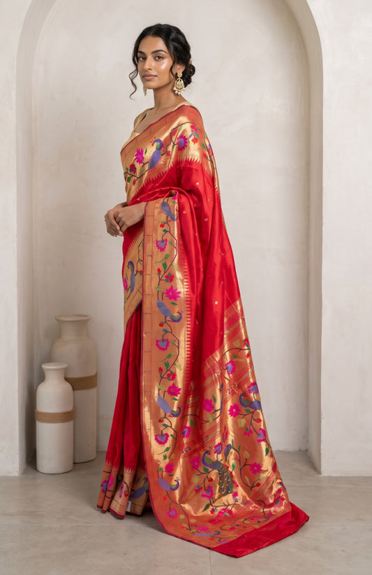 Red Paithani Silk Saree with Peacock, Parrot & Floral Motifs
