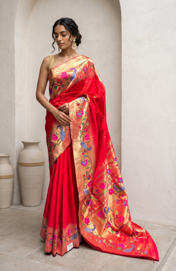 Red Paithani Silk Saree with Peacock, Parrot & Floral Motifs