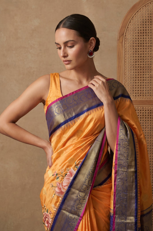 Peach  Kanchipuram Silk Saree with Floral Embroidery