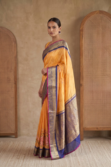 Peach  Kanchipuram Silk Saree with Floral Embroidery