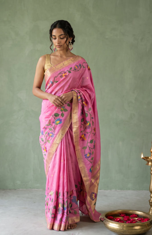 Pink Paithani Silk Saree with Enchanting Floral Creeper Design