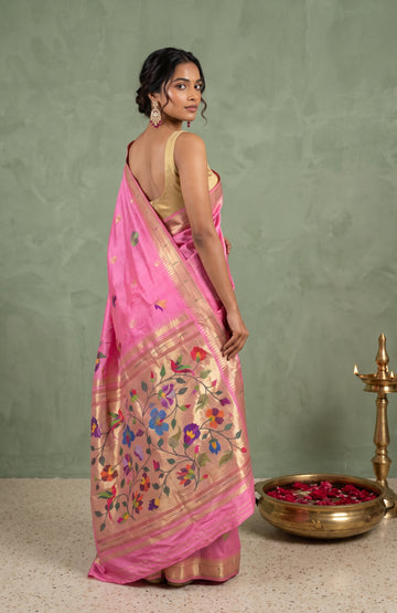 Pink Paithani Silk Saree with Enchanting Floral Creeper Design