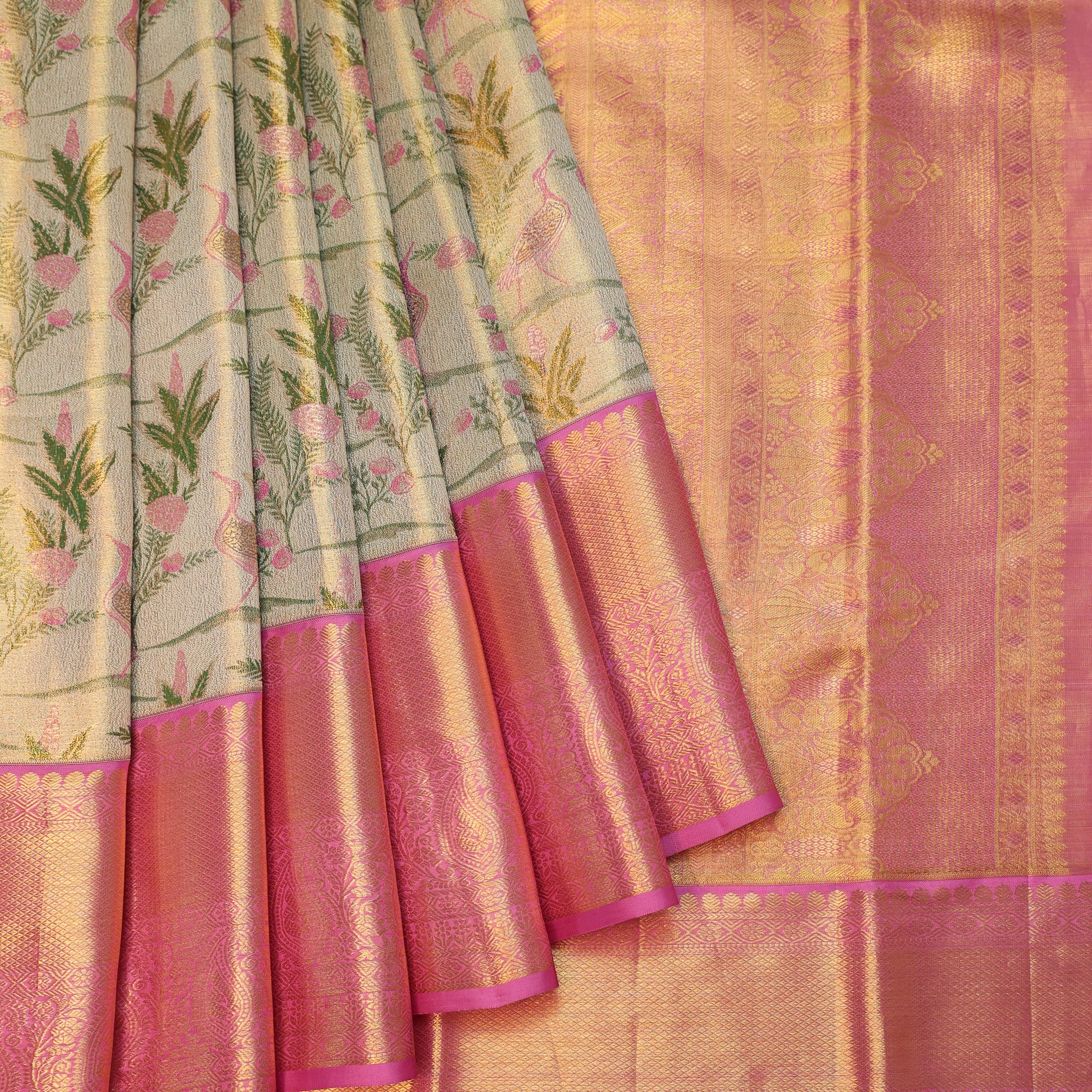 Green Kanchipuram Tissue Silk Saree with Tree & Crane Motifs