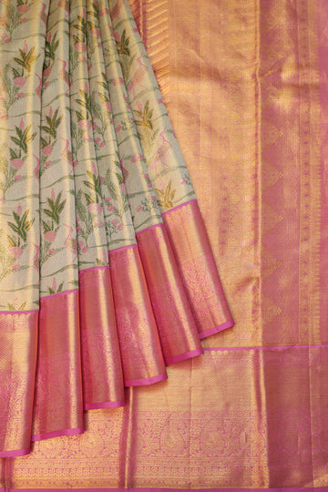 Green Kanchipuram Tissue Silk Saree with Tree & Crane Motifs