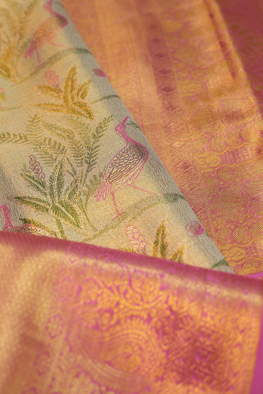 Green Kanchipuram Tissue Silk Saree with Tree & Crane Motifs