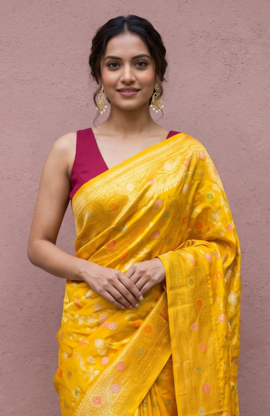 Mustard Mashru Silk Saree with Floral Jaal Design