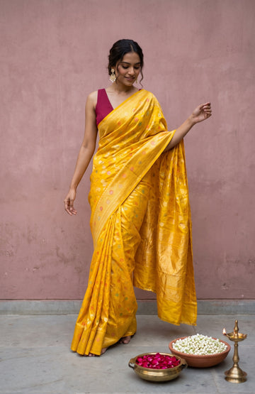 Mustard Mashru Silk Saree with Floral Jaal Design