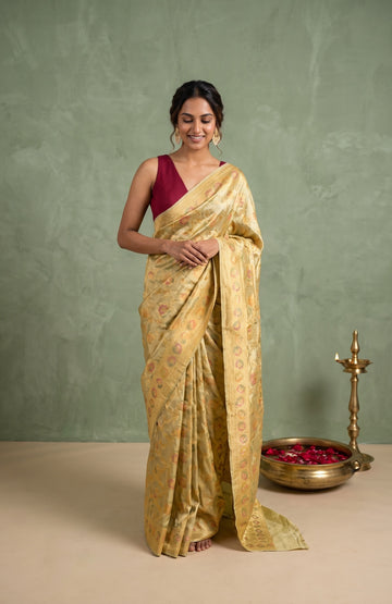 Pista Green Mashru Silk Saree with Meenakari Floral Jaal