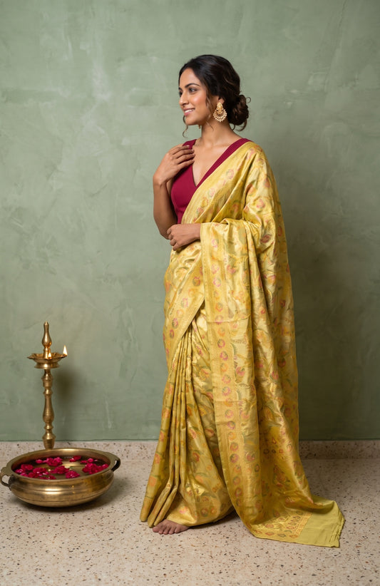 Pista Green Mashru Silk Saree with Meenakari Floral Jaal
