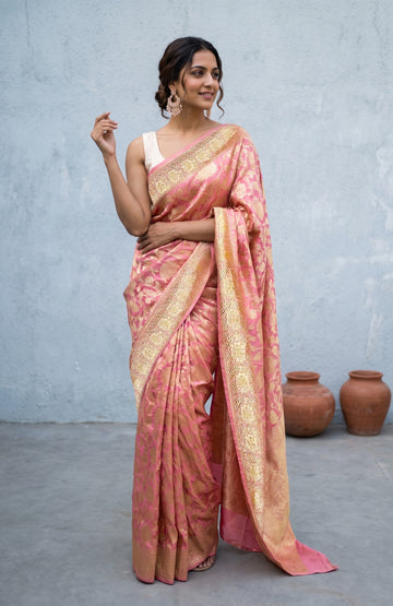 Pink Katan Silk Saree with Meenakari Jaal Design