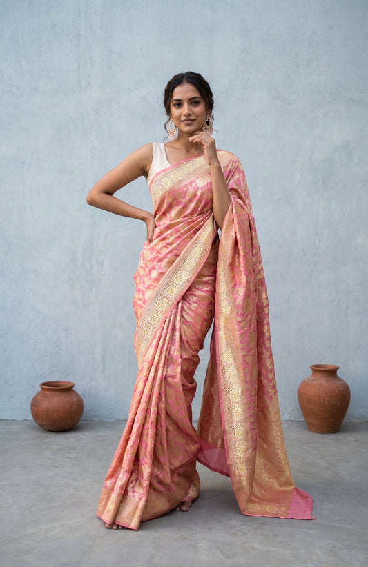 Pink Katan Silk Saree with Meenakari Jaal Design