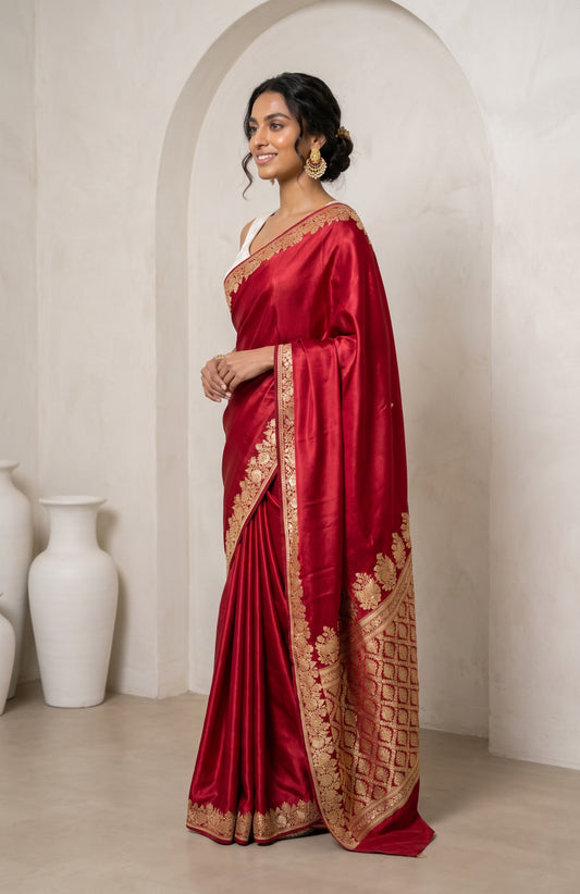Magenta Banarasi Muslin Silk Saree with Floral Border