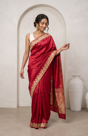 Magenta Banarasi Muslin Silk Saree with Floral Border