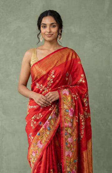 Ruby Bloom Jaal Kanchipuram Silk Saree with Embordairy Floral Design