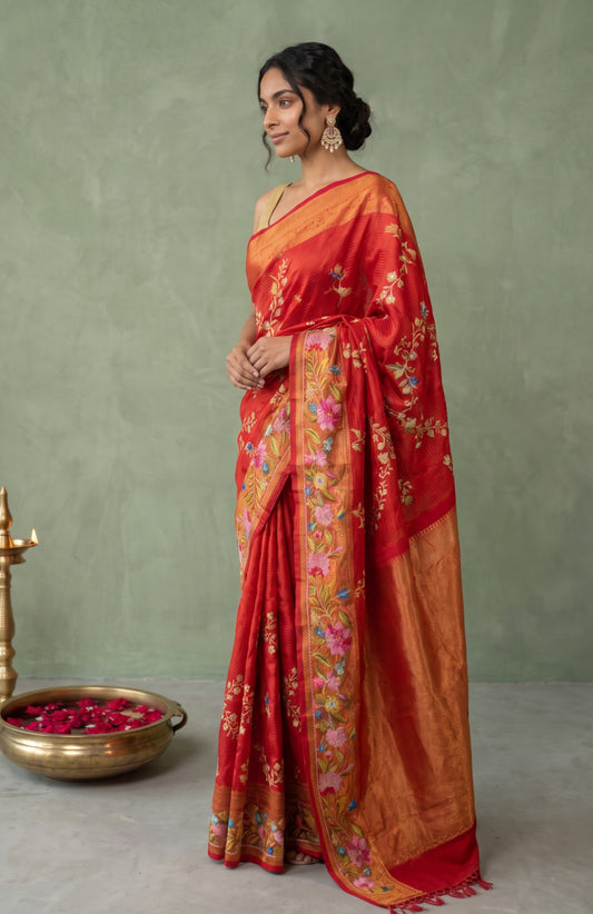 Ruby Bloom Jaal Kanchipuram Silk Saree with Embordairy Floral Design