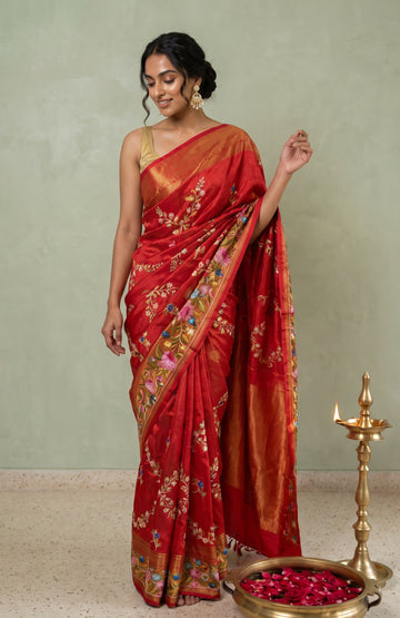 Ruby Bloom Jaal Kanchipuram Silk Saree with Embordairy Floral Design