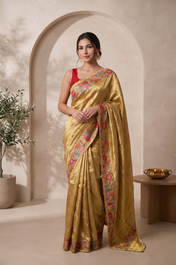 Kanchipuram Tissue Silk Saree in Dark Gold with Petit Point Work