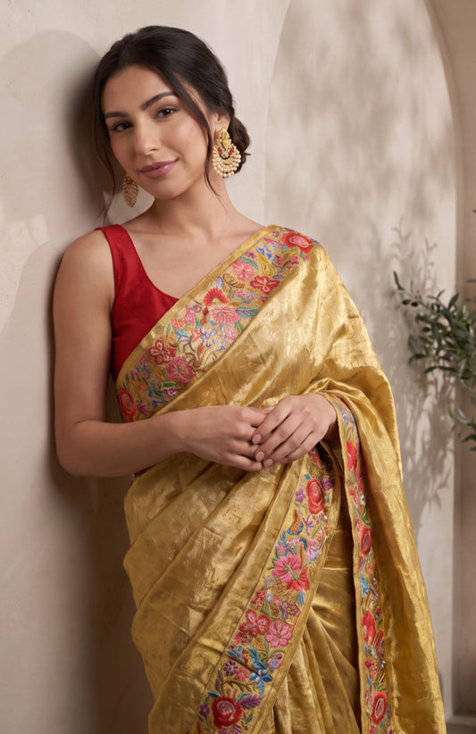 Kanchipuram Tissue Silk Saree in Dark Gold with Petit Point Work