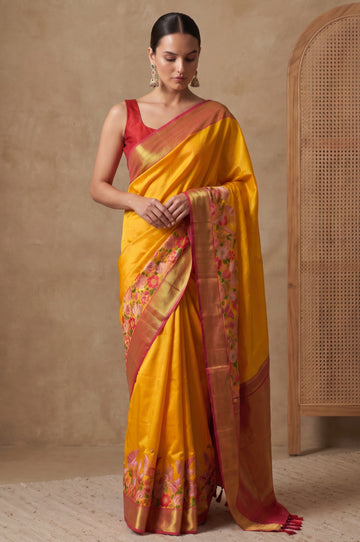 Yellow Kanchipuram Silk Saree with Maroon Contrast Border