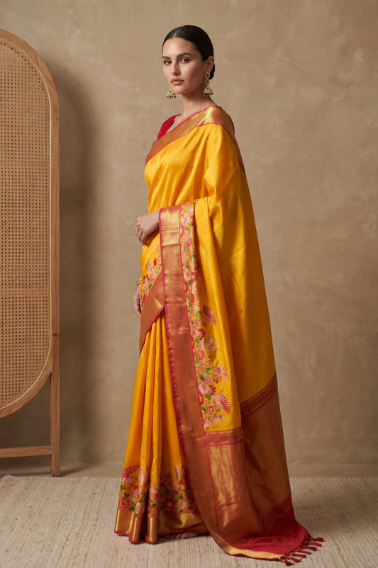Yellow Kanchipuram Silk Saree with Maroon Contrast Border