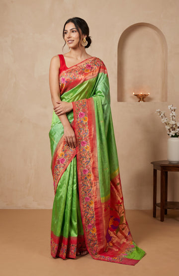 Parrot Green Kanchipuram Silk Saree with Petit Point Work