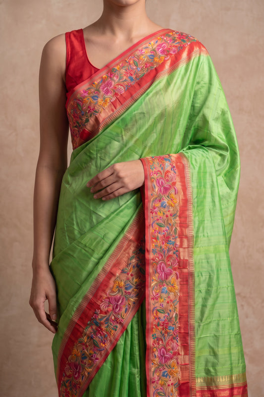 Parrot Green Kanchipuram Silk Saree with Petit Point Work