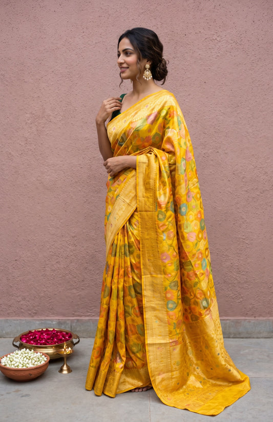 Multicolour Banaras Katan Silk Saree with Meenakari Design