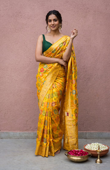 Multicolour Banaras Katan Silk Saree with Meenakari Design
