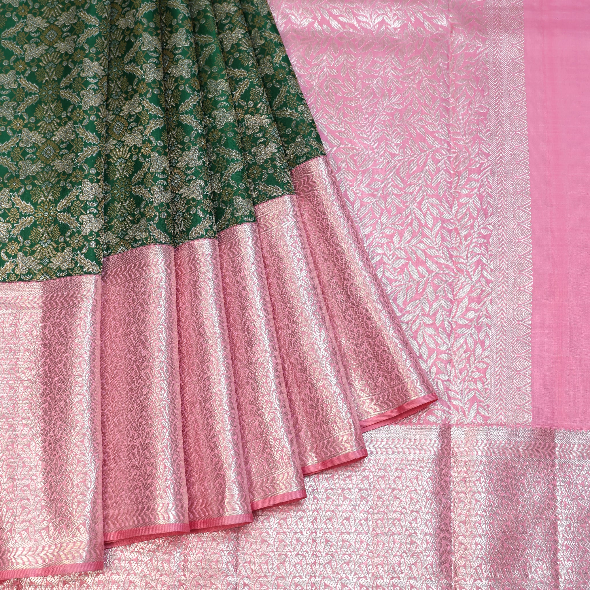 Green Kanchipuram Silk Saree with Pink Floral Jaal Border