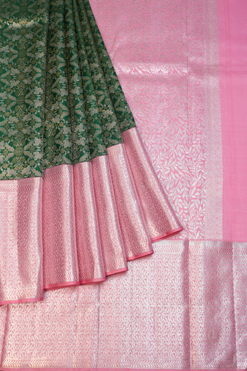 Green Kanchipuram Silk Saree with Pink Floral Jaal Border