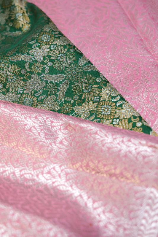 Green Kanchipuram Silk Saree with Pink Floral Jaal Border